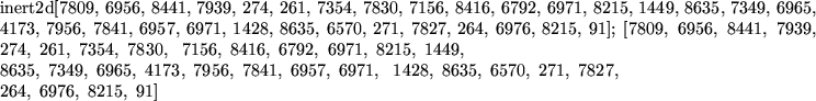 \begin{maplelatex}
\mapleinline{inert}{2d}{[7809, 6956, 8441, 7939, 274, 261, 73...
...8635, \,6570, \,271, \,7827, \\
264, \,6976, \,8215, \,91] }
}
\end{maplelatex}