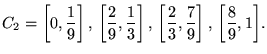 $\displaystyle \Cal{C}_2 =
\set{ \left[0,\frac{1}{9}\right],  \left[\frac{2}{9...
...ght], 
\left[\frac{2}{3}, \frac{7}{9}\right],  \left[\frac{8}{9}, 1\right]}.$