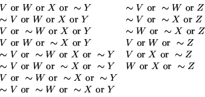 \begin{displaymath}\begin{array}{ll}
V\hbox{ or }W\hbox{ or }X\hbox{ or }\sim Y ...
...sim V\hbox{ or }\sim W\hbox{ or }\sim X\hbox{ or }Y \end{array}\end{displaymath}