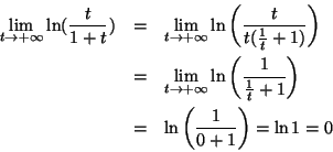 \begin{eqnarray*}\lim_{t \rightarrow+ \infty} \ln (\frac{t}{1+t}) &=&
\lim_{t ...
...1}{t}+1}\right) \\
&=& \ln \left(\frac{1}{0+1} \right)= \ln 1=0
\end{eqnarray*}