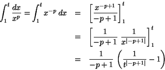 \begin{eqnarray*}\int_{1}^{t} \frac{dx}{x^p}=\int_{1}^{t} x^{-p}\,dx&=&
\left[ ...
...&=& \frac{1}{-p+1}\, \left(\frac{1}{t^{\vert-p+1\vert}}-1\right)
\end{eqnarray*}