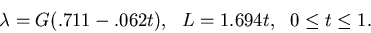 \begin{displaymath}\lambda = G(.711-.062t),~~ L = 1.694t,~~ 0\leq t\leq 1.\end{displaymath}