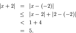 \begin{eqnarray*}
\vert x+2\vert & = & \vert x-(-2)\vert \\
& \leq & \vert x-2\vert+\vert 2-(-2)\vert \\
& < & 1+4 \\
& = & 5.
\end{eqnarray*}