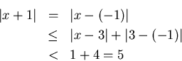 \begin{eqnarray*}
\vert x+1\vert & = & \vert x-(-1)\vert\\
& \leq & \vert x-3\vert+\vert 3-(-1)\vert\\
& < & 1+4=5
\end{eqnarray*}