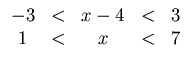 $\begin{array}{ccccc}
-3 & < & x-4 & < & 3\\
1 & < & x & < & 7
\end{array}$