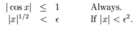 $\begin{array}{cccl}
\vert\cos x\vert & \leq & 1 & \hspace{1 cm} \mbox{Always}.\...
...& < & \epsilon & \hspace{1 cm} \mbox{If } \vert x\vert<\epsilon ^2.
\end{array}$