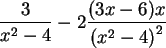 \begin{maplelatex}\begin{displaymath}
\frac{3}{x^2 -4} - 2 \frac{(3x -6)x}{\left(x^2 -4\right)^2}
\end{displaymath}
\end{maplelatex}