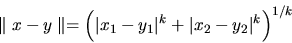 \begin{displaymath}\parallel x-y \parallel = \left( \vert x_1-y_1\vert^k + \vert x_2-y_2\vert^k \right)^{1/k}
\end{displaymath}