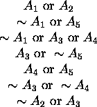 \begin{figure}
\begin{displaymath}\begin{array}{c}A_1\hbox{ or }A_2\\ \sim A_1\h...
...{ or }\sim A_4\\
\sim A_2\hbox{ or }A_3\end{array}\end{displaymath}\end{figure}