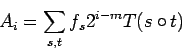 \begin{displaymath}A_i=\sum_{s,t}f_s2^{i-m}T(s\circ t)\end{displaymath}