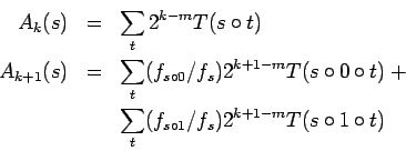 \begin{eqnarray*}A_k(s)&=&\sum_t2^{k-m}T(s\circ t)\\
A_{k+1}(s)&=&\sum_t(f_{s\c...
...0\circ t)+\\
&&\sum_t(f_{s\circ1}/f_s)2^{k+1-m}T(s\circ1\circ t)\end{eqnarray*}