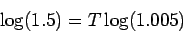 \begin{displaymath}\log (1.5) = T \log(1.005) \end{displaymath}