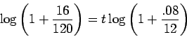 \begin{displaymath}\log \left( 1 + \frac{16}{120} \right) =
t \log \left( 1 + \frac{.08}{12} \right) \end{displaymath}