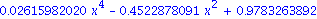 0.2615982020e-1*x^4-.4522878091*x^2+.9783263892