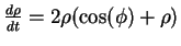 $\frac{d\rho}{dt} = 2\rho (\cos(\phi)+\rho)$