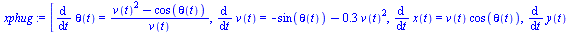 [diff(theta(t), t) = `/`(`*`(`+`(`*`(`^`(v(t), 2)), `-`(cos(theta(t))))), `*`(v(t))), diff(v(t), t) = `+`(`-`(sin(theta(t))), `-`(`*`(.3, `*`(`^`(v(t), 2))))), diff(x(t), t) = `*`(v(t), `*`(cos(theta(...