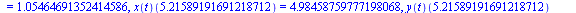 [t(5.21589191691218712) = 5.21589191691219, (blackbox(t))(5.21589191691218712) = 5.21588966729907888, (theta(t))(5.21589191691218712) = -.203962499208465986, (v(t))(5.21589191691218712) = 1.0546469135...