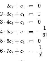 \begin{eqnarray*}
2c_2 + c_0 &=& 0\\
2\cdot 3c_3+c_1 &=& 1\\
3\cdot 4c_4+c_2 &...
...6c_6+c_4 &=& 0\\
6\cdot 7c_7+c_5 &=& \frac{1}{5!}\\
\dots & &
\end{eqnarray*}