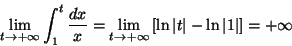 \begin{displaymath}\lim_{t\rightarrow+\infty} \int_{1}^{t} \frac{dx}{x}= \lim_{t...
...y}
\left[\ln \vert t\vert-\ln \vert 1\vert\right] = +\infty
\end{displaymath}