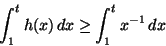 \begin{displaymath}\int_{1}^{t} h(x)\,dx \geq \int_{1}^{t}x^{-1}\, dx
\end{displaymath}