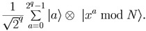 (1/(sqrt 2^q))\sum_{a=0}^{2^q–1} |a> |x^a mod N>